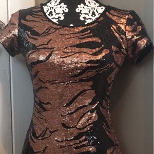 Copper and black metallic sequin cocktail dress